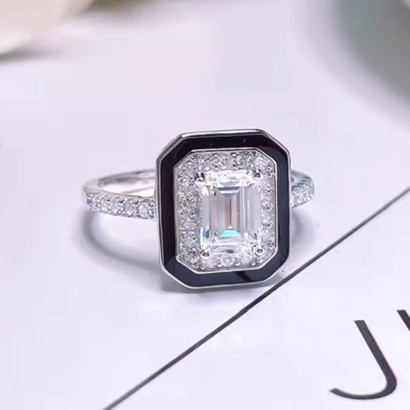 S925 Sterling Silver Black Enamel Square Cubic Zirconia Ring Statement Piece - Picture 9 of 12
